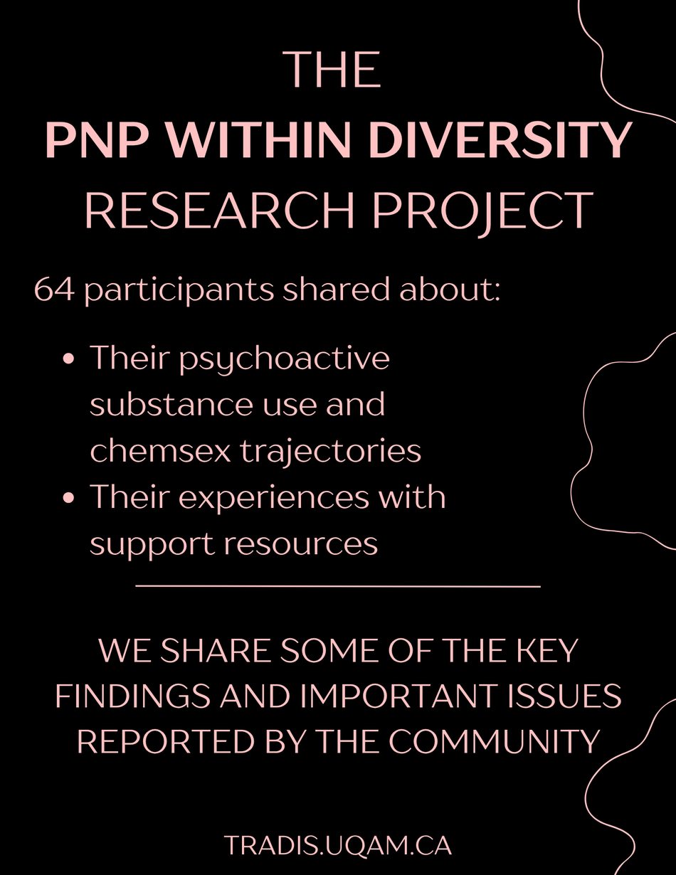 The PnP within diversity research project
64 participants shared about: 
- Their prychoactive substance use and chemsex trajectories
- Their experiences with support resources
We chare some of the key findings and important issues reported by thecommunity
tradis.uqam.ca