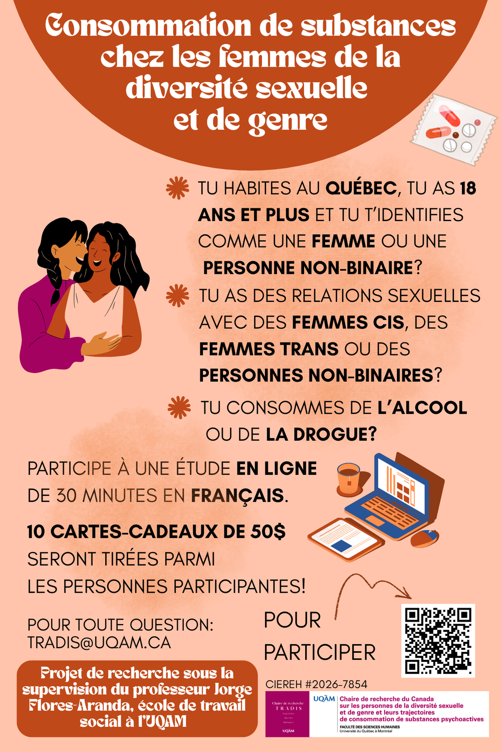 Affiche de recrutement du projet de recherche Conso_Saphique sur les femmes de la diversité sexuelle et de genre et les personnes non-binaires qui ont des relations sexuelles avec des femmes.