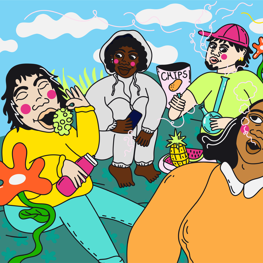 Un dessin coloré représentant quatre jeunes qui consomment du cannabis sur une montagne lors d'une journée ensoleillé.