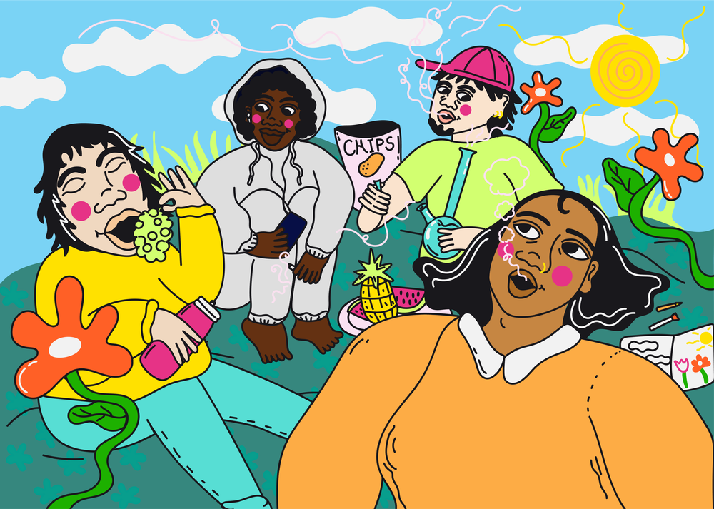 Un dessin coloré représentant quatre jeunes qui consomment du cannabis sur une montagne lors d'une journée ensoleillé.